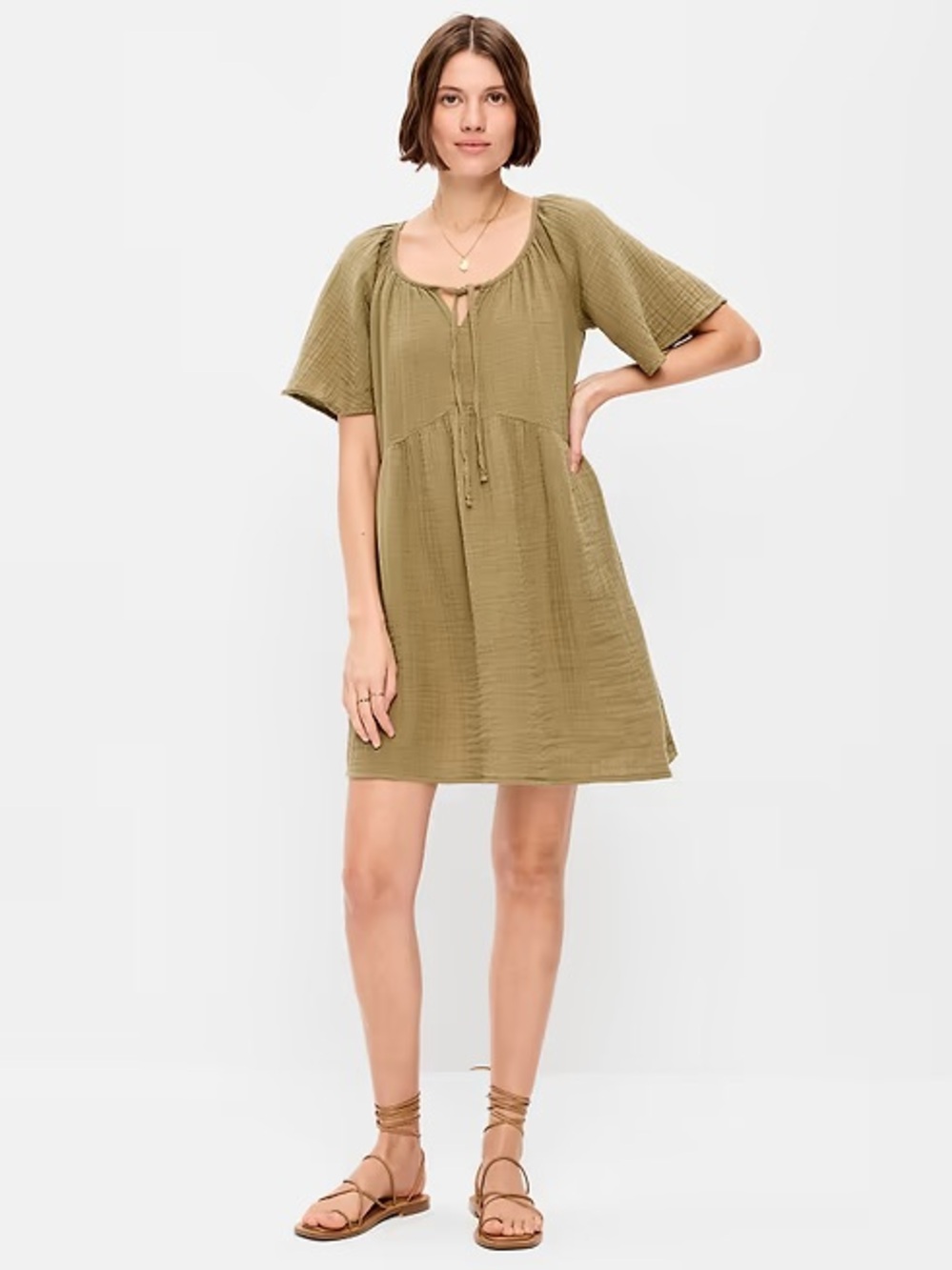 Old Navy Olive Crinkle Gauze Flutter-Sleeve Mini Swing Dress S NWT